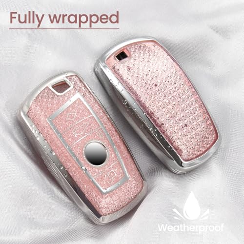 Image of Key Fob Cover for BMW X3, Rhinestone Wristlet Keychain Case, Pink