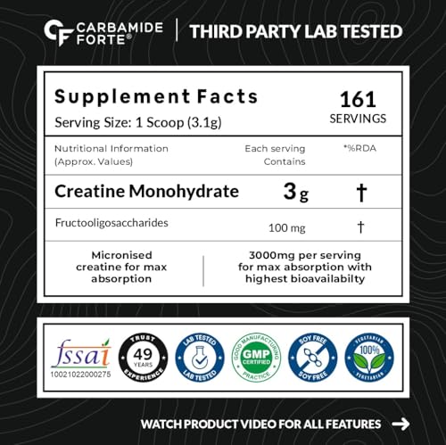 Image of Carbamide Forte Creatine Mono hydrate Powder | Micronized Monohydrate Creatine 500g | Micronized Monohydrate Supplement for Lean Muscle, Strength & Energy - Unflavoured - 161 Servings - 500g