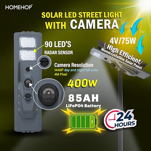 Image of Homehop Solar Street Lights Outdoor 400Watts with Security Camera Waterproof 90 LEDsMotion Sensor Lamp with Remote Controller (Cool White-Aluminum)