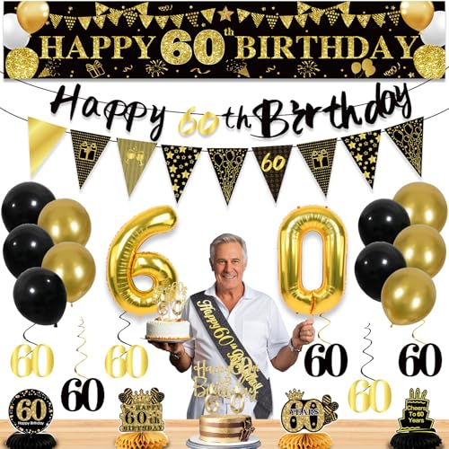 Image of 60th Birthday Decorations for Men, Black Gold 60th Party Decoration Kits | 27pcs Happy 60th Birthday Set, Banner, Honeycomb, Balloons, Gold Number, Candle, Hanging Swirls, Cake Topper, Party Supplies