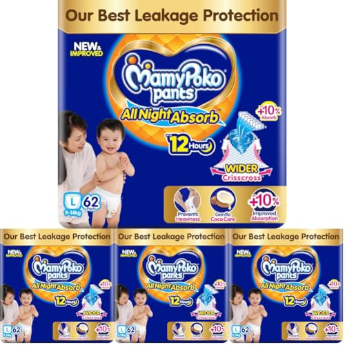 Image of New Mamypoko Pants Premium All Night Absorb| Pant Style Baby Diapers Large Size(L), 62 Count, Ideal for 9-14Kgs|1 Diaper: Upto All Night Absorption now with 10% increased power|Wider Crisscross Sheet|Gentle Coco Care| 12hr Leakage Protection| Prevents Heaviness.