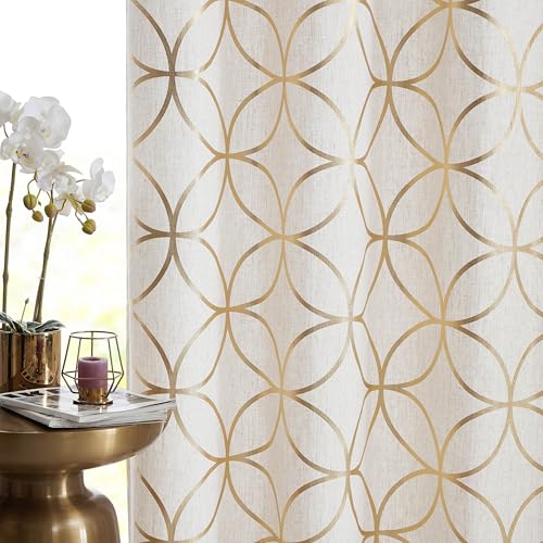 SXZJTEX Gold Foil Print Linen Curtains Metallic Moroccan Cream Semi