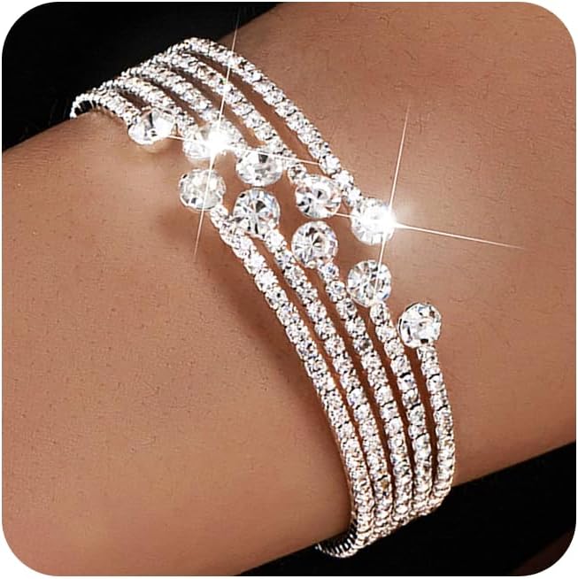 Rhinestone Cuff Bracelets for Women Dainty Silver Bracelet Stack Bling Crystal Stretch Bracelet for Party Prom Wedding