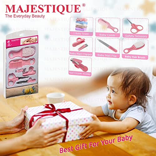 Image of Majestique Baby Grooming Set - Baby Hair Brush, Comb, Nail Clipper, Nail File and Soft Baby Towel, Baby Products for New Born Baby Gifts Toddlers Infant Girl Boys Keep Clean (7 in 1 Pink)