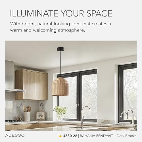 Adesso Dark Bronze Ceiling Pendant with Natural Rattan Shade – Adjustable Hanging Length, Ambient Accent Lighting for Kitchen, Living Room or Home Office by Adesso - Image 3