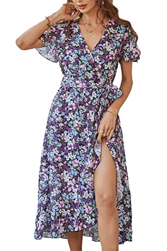 PRETTYGARDEN Women's Summer Floral Boho Maxi Dress Wrap Short Sleeve V Neck Ruffle A-Line Flowy Wedding Guest Long Dresses