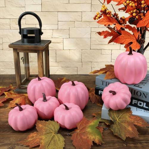 Image of Ghrdopy 7 Pcs Pink Fake Pumpkins for Thanksgiving Table Centerpiece | Foam Pink Artificial Pumpkins Decor for Fall, Halloween Dining Table & Indoor Autumn Farmhouse Decoration