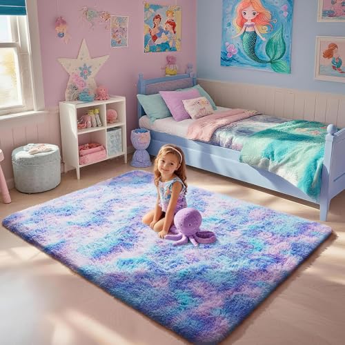 image for Ophanie Rainbow Purple Rug for Bedroom Girls, Unicorn Colorful Mermaid