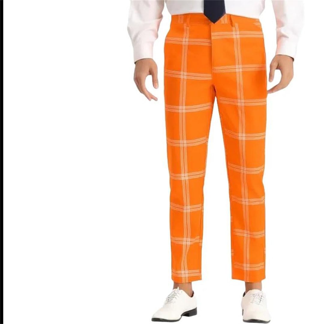 Pantalones de vestir ajustados a cuadros para hombre con parte delantera plana, tela elástica, cintura ajustable, pantalones de negocios
