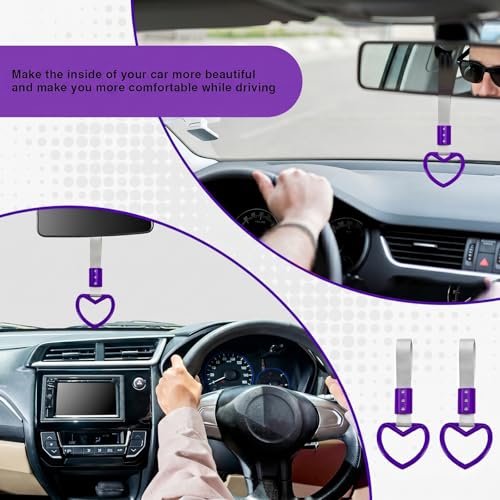 Image of 2PCS Heart Shaped Car Handle Straps, Rear Bumper Warning Keychain Ring for Car Exterior Accessories (Purple-Silver)