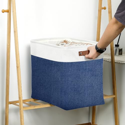 Image of DULLEMELO 51L Large Baskets for Storage, Large Rectangular Baskets for Shelves [3 Pack], Blanket Basket Dog Basket for Organizing Closet, Nursery, Clothes (White&Blue)