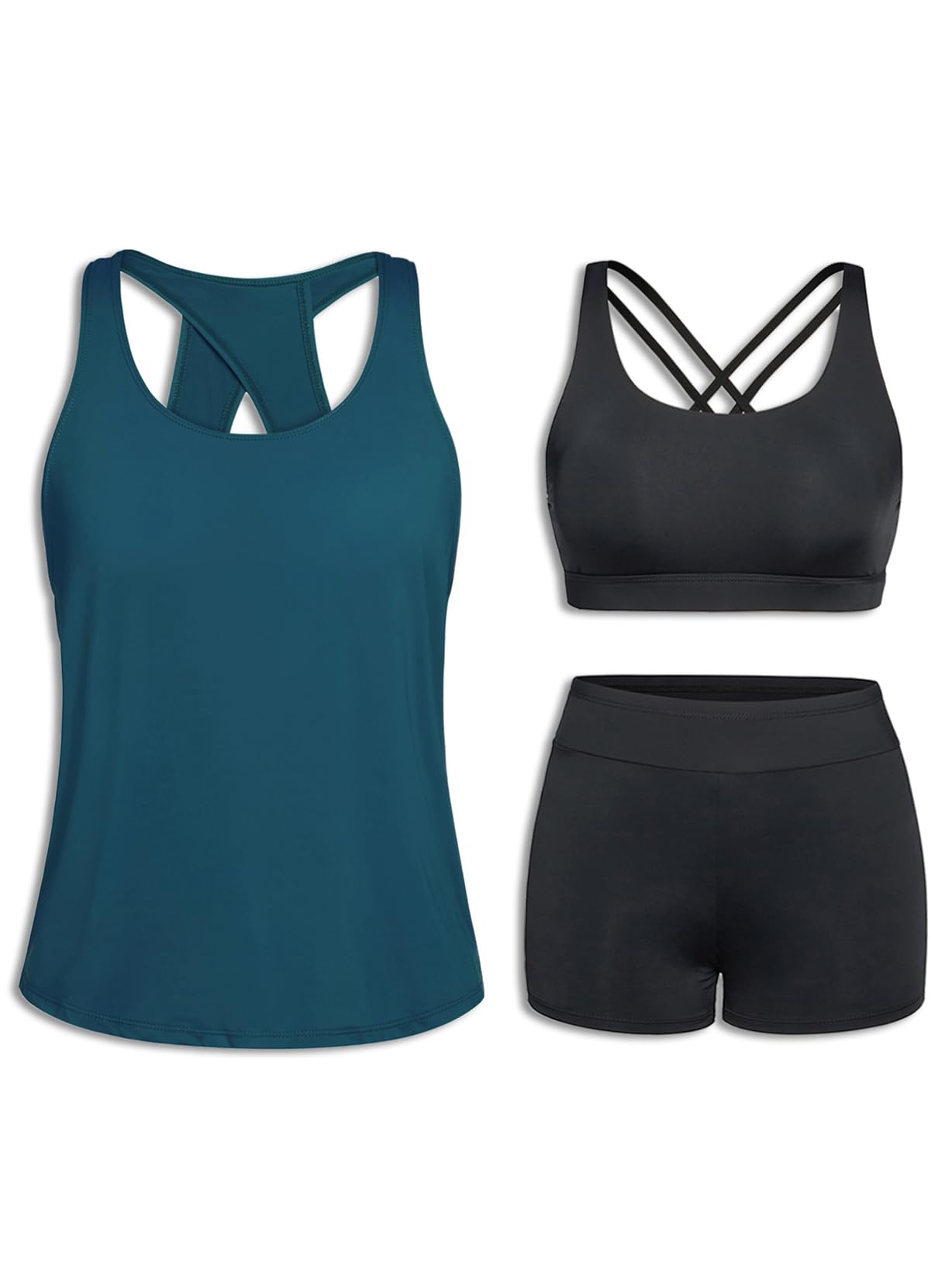 Photo 1 of Tempt Me Blue Green 3 Piece Tankini Swimsuits for Women Athletic Bathing Suits Swim Tank Top with Boy Shorts and Bra Modest Swimwear L