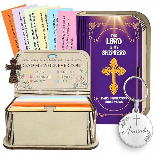NETHOMEWOODS Personalized Christian Bible Verse Box with Prayer Cross & Custom Name Keychain, 150 Bible Verse Cards for Emotions, Inspirational Religious Gift – Birthday, Christmas, Graduation
