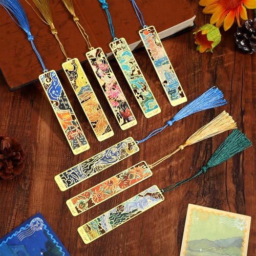 8 Stück Hohles Lesezeichen Metall - Personalisiertes Metal Bookmarks with Tassel - Vintage Ölgemälde Metall Lesezeichen mit Quaste Blume für Buchliebhaber Lehrer Frauen