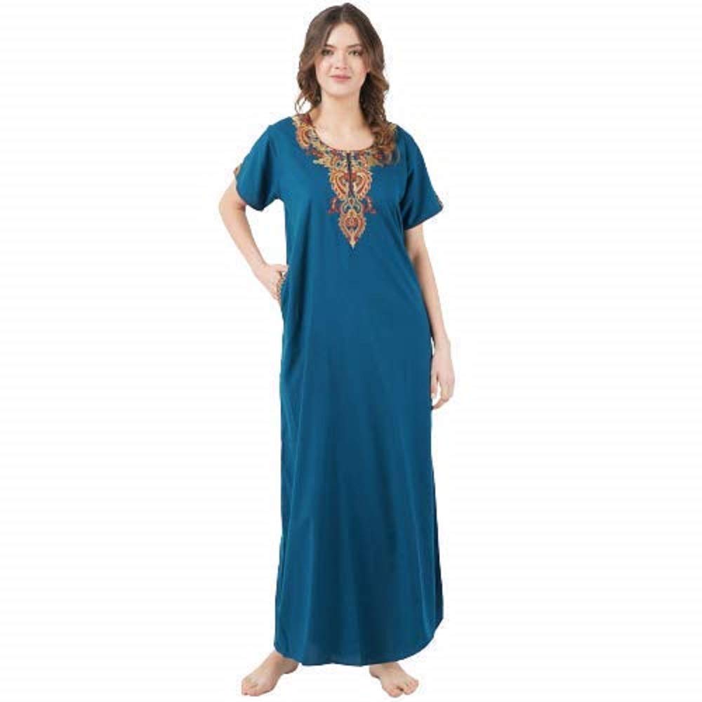 Women's Lissybissy Cotton Resham Embroidered A-Line Nighty/Night Gown Maxi – Soft, Breathable Fabric, Peacock Blue | Elegant Design for Comfort and Stylee, Made in India-image-32