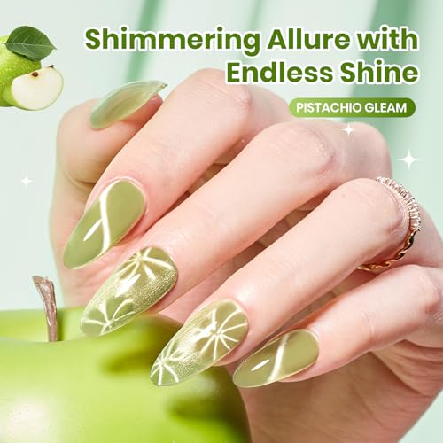 Image of Beetles Taste of Spring Green Cat Eye Gel Nail Polish - 15ML Full Size Sage Green Cat Eye Glitter Magnetic Translucent Glassy Effect Pistachio Gleam Soak Off UV DIY Gift for Women