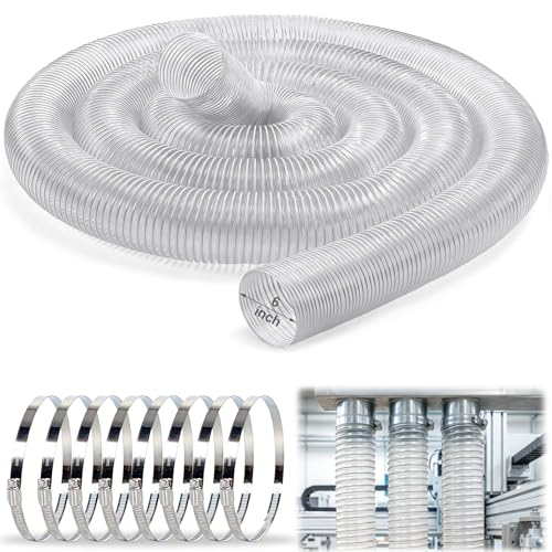 6 Inches 30 FT PVC Dust Collection Hose, Flexible Puncture Resistant Hose with 8 Stainless Steel Clamps, Clear Vacuum Hose for Industrial and Home Use