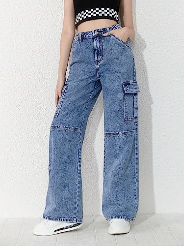 WDIRARA Girl's High Waisted Button Wide Leg Cargo Jeans Denim Pants with Pockets4