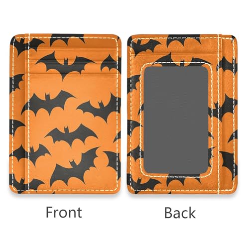 JUNZAN Slim Wallet Card Holders for Men Women Halloween Bats Orange Black Minimalist Front Pocket Wallets Small Card Case RFID Blocking2