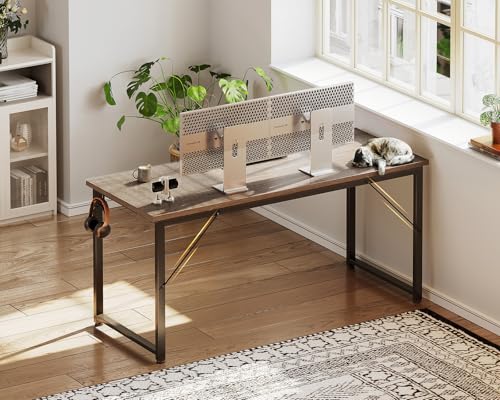 Image of Casaottima 54 Inch Computer Desk for Home Office, Study Writing Table for Small Spaces, Simple Modern Desk with Headphone Hooks, Grey Oak