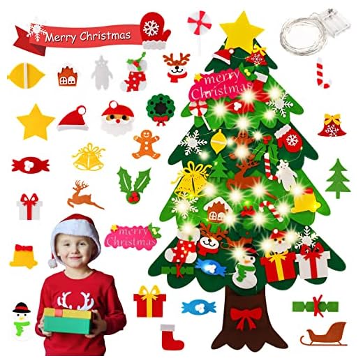 KEEHOM Sapin de Noël Feutrine, 113cm avec LED lumières Sapin de Noël Décoration Vitrine, 35 PCS DIY Détachables Noël Ornements Cadeaux de Noël pour Les, Réutilisables Décoration de Porte et Murale