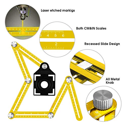 KEGOUU Multi Angle Layout Ruler,Universal Angle Measuring Ruler Metal Aluminum Alloy Template Tool,Ultimate Angle Finder Marking Tool with Velvet Protect Pouch for Craftsmen,Handymen,Builders,DIY-ers