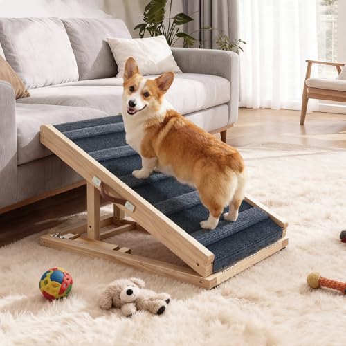 Tukailai Hunderampe aus Holz 70cm Lang Hundetreppe für Bett Sofa Auto Klappbare 2 Höhenverstellbar Haustierrampe mit Rutschfestem Teppich und Querstangen,40kg Tragfähigkeit für kleine Hunde Rampe