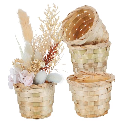 TOPBATHY Paniers De Rangement En Bambou Et Bois 4 Pièces 7.50X7.50X6.00Cm Petits Paniers Tissés Naturels Pour Cuisine Bureau Décoratif Organisateur Portable...
