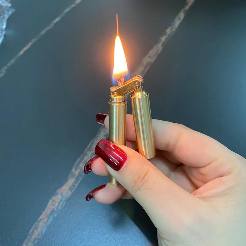 Image of Smoke King Lighter Retro Gold Stick Lighter, Refillable Brass Windproof Pocket Lighter with Open Flame, Classic Gift for Men (Fuel Not Included)