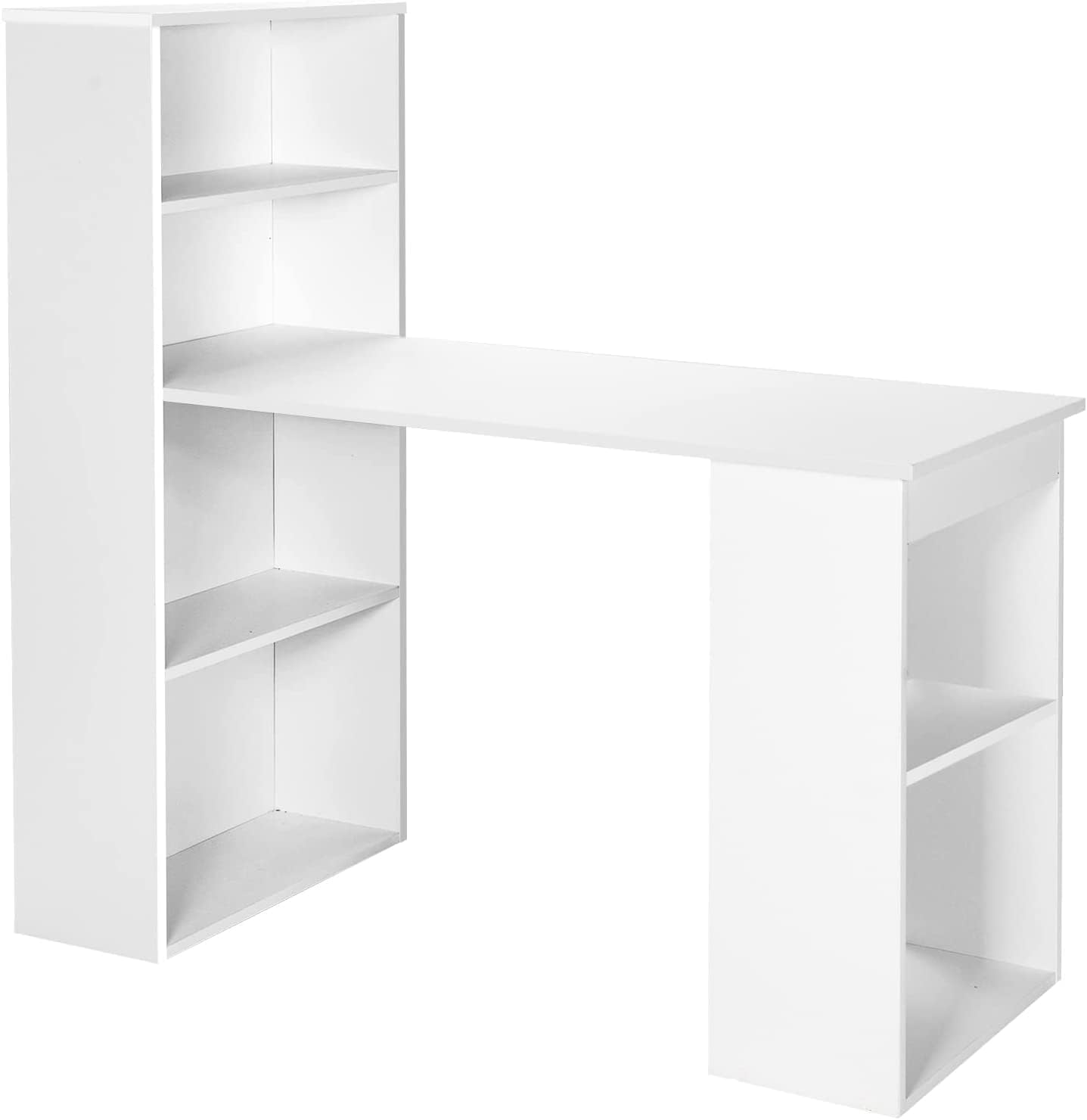 COSTWAY 110cm/122cm Computer Desk, Wooden PC Laptop Table Writing Workstation with 4/6-Tier Storage Bookshelves, Modern Home Office Working Study Desk (White, 122 x 52 x 120cm)