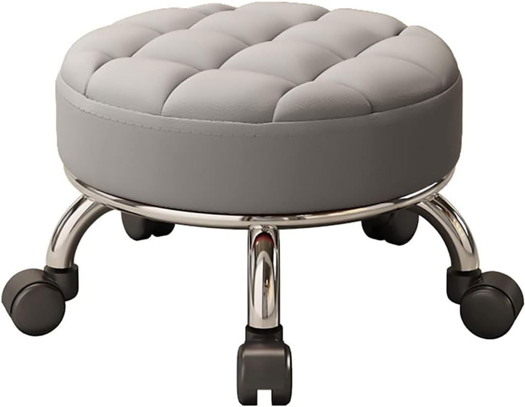 Low Roller Stool with 360° Swivel Wheels, Low-Height Short Rolling Stool Seat, PU Leather Small Mechanic Chair, Rolling Stools for Pedicure, Garage, Shop, Library 32cm