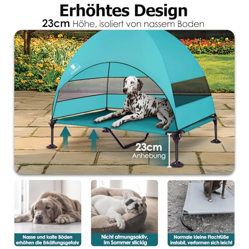 Erhöhtes Hundebett Outdoor mit Dach，Hundeliege Klappbar mit Anti-Rutsch-Füßen, Hundezelt Outdoor mit Großem Schatten, Kühlendes ErhöHtes Hunde Bett für Camping, Garten, Strand & Pool