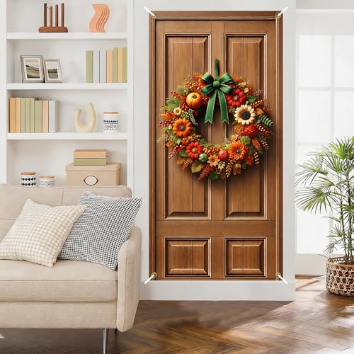 Image of Fall Harvest Ring Door Cover 35x71in Sunflower Pumpkin