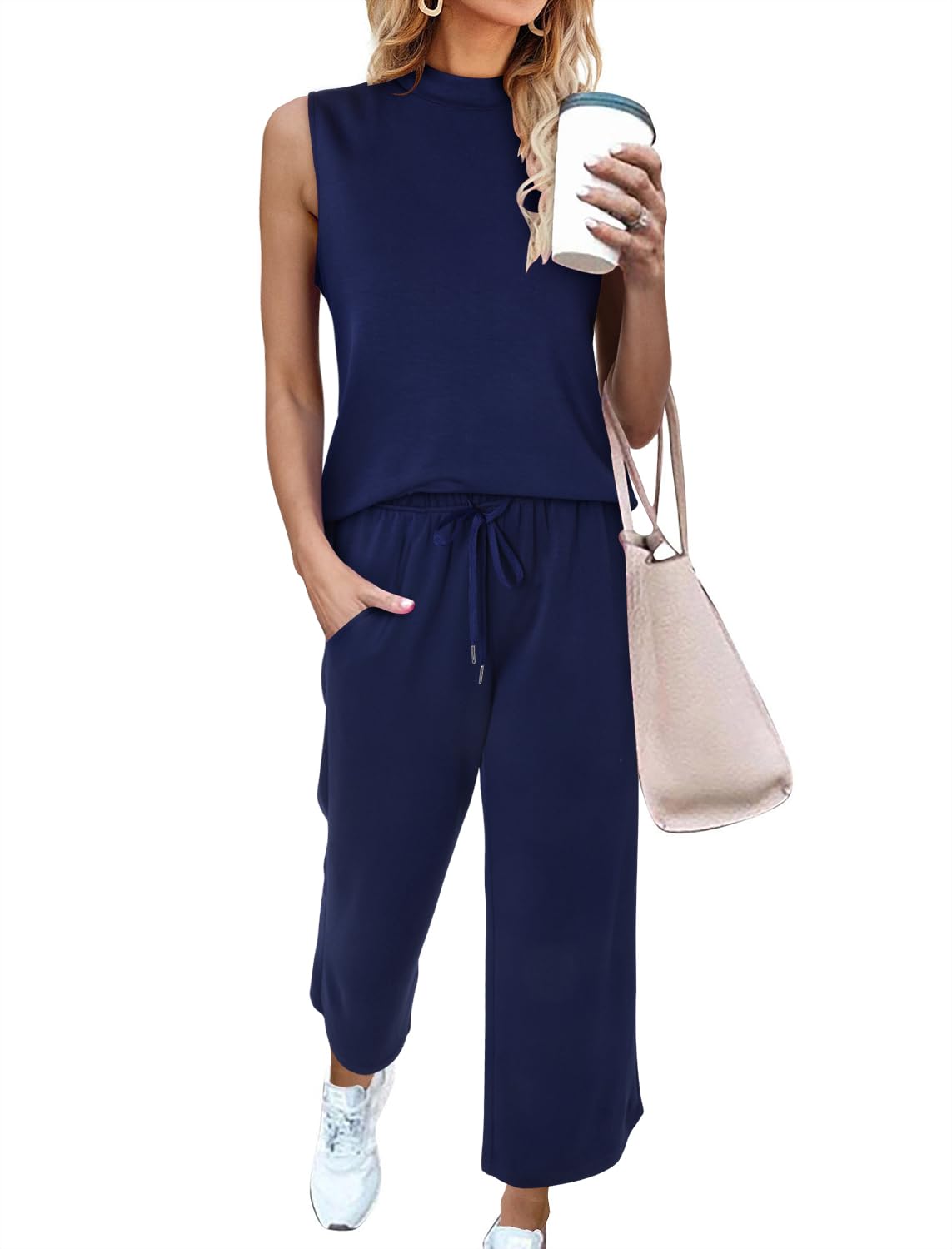 onlypuff Womens Two Piece Sets Casual Travel Vacation Outfits Summer Wide Leg Crop Pants Sleeveless Lounge Sets