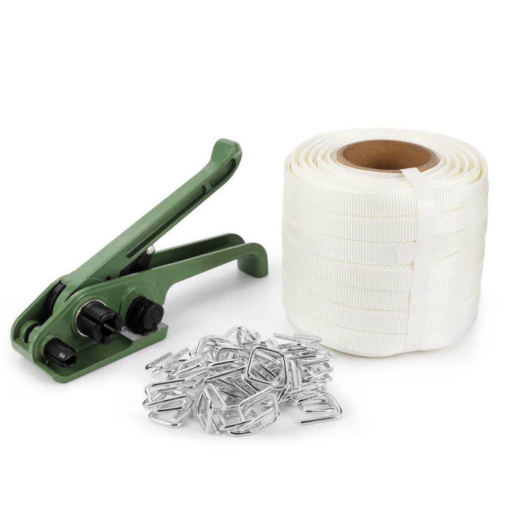 Flyrivergo Banding Strapping Kit 3/4" x 330' Woven Cord Pallet Strapping Tool 2500lbs Tensile Strength Packaging Strapping Kit with 100pcs Metal Buckles, Upgraded Tensioner