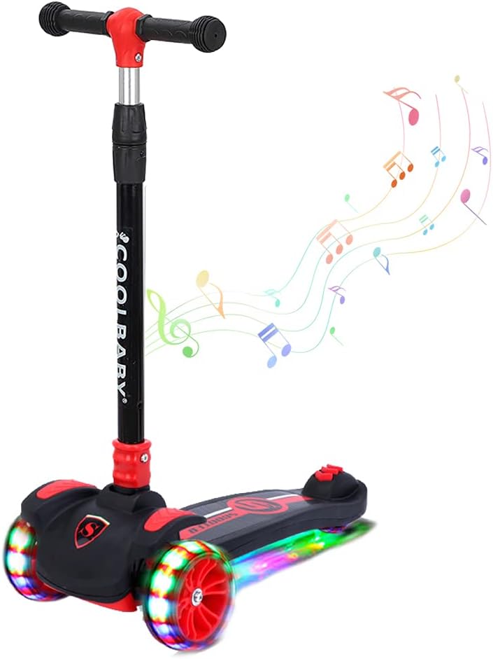 COOLBABY Kid's Scooter 3 Wheels Big Pedal Foldable Kick Scooter With Music, Height Adjustable With Led Light Wheels, Black