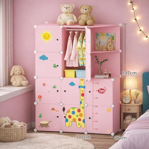 Image of Kids Plastic Collapsible Wardrobe Organizer for Storage | Cute Cartoon Design | Heavy Duty Cloth Organizer for Storage | Easy to Assemble | Perfect for Kids Room & Home (Pink-O5)