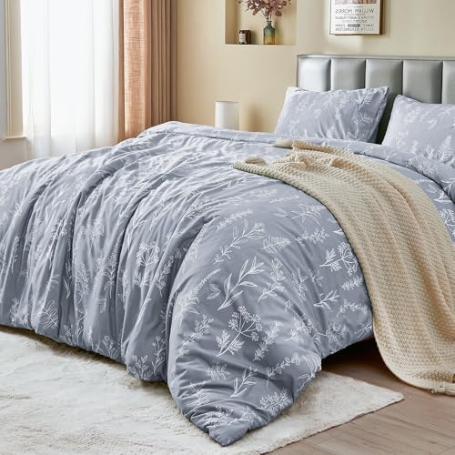 MUXHOMO Duvet Cover King Size, Reversible Floral Grey Duvet Cover Set with Zipper Closure, 3 Pieces Botanical Patterns Soft Microfiber Bedding Set (90"x104", 2 Pillow Cases 20"×36")