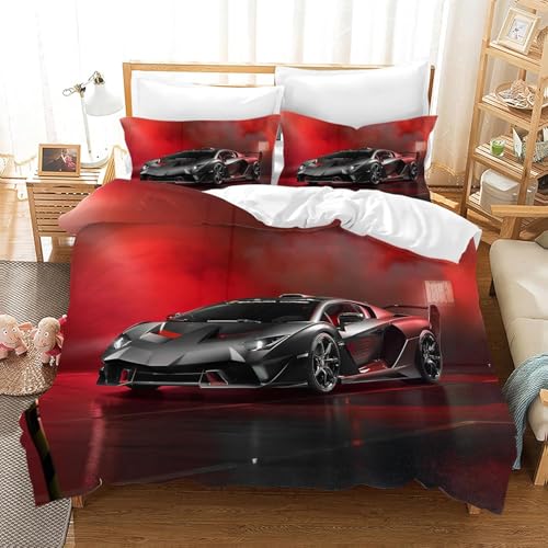 CXYXHW Juego de ropa de cama de coches de carreras para niños, funda nórdica de coches de carreras con tema deportivo extremo, juego de ropa de cama para niños con cremallera y 2 fundas de almohada
