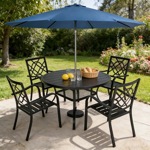 Image of SUNCROWN 6-Piece Outdoor Wrought Iron Chairs and Table Patio Dining Furniture Set - 4 Stackable Metal Chairs, 1 42 inch Round Bistro Table and 1 Dark Blue 9Ft Patio Umbrella for Garden Backyard Deck