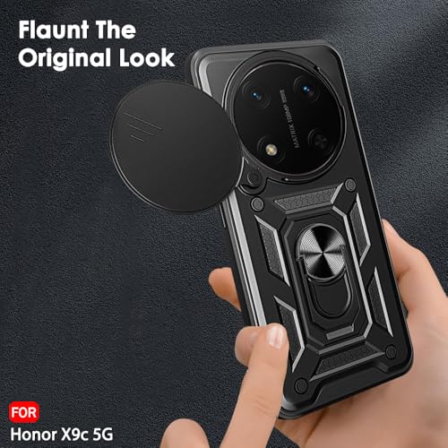 Image of TheGiftKart Tough Armor Bumper Back Cover Case for Honor X9C 5G | Rotating Camera Cover, Kickstand & Ring Holder | 360 Degree Protection Back Cover Case for Honor X9C 5G (PC & TPU, Black)