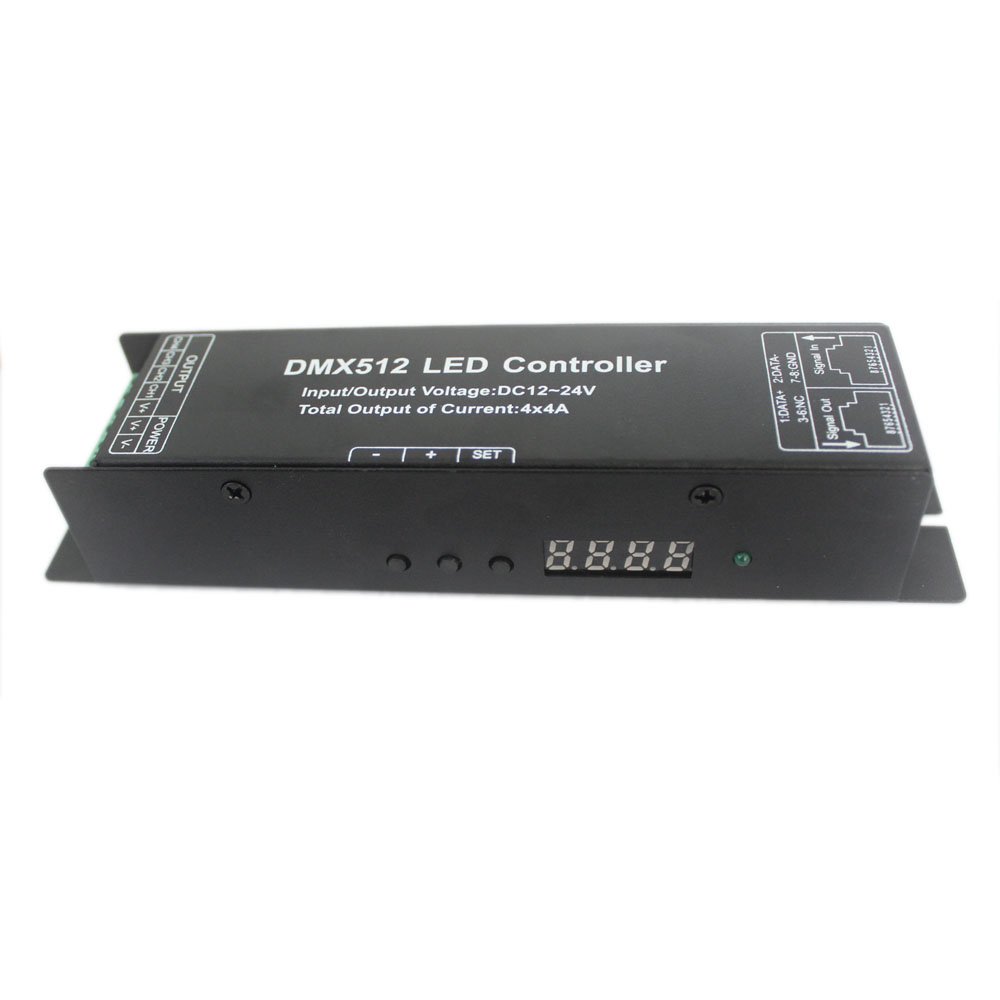 JOYLIT Controlador Decodificador LED DMX512 4CH 16A para Tira LED RGB/RGBW | Pantalla Digital, Compatible con Luces LED de 12/24V, para Iluminación Escénica, Comercial y Municipal