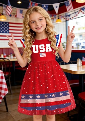 Image of Girls 4th of July Dress American Patriotic Outfit USA Independence Day Clothes Flutter Sleeve Tulle Tutu Dress 5-14y