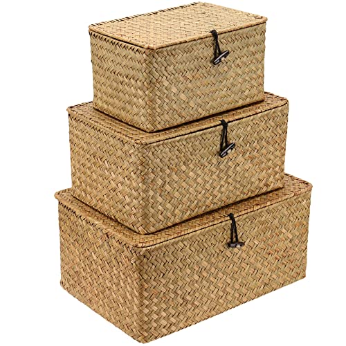  SEUNMUK Set of 3 Seagrass Storage Basket with Lid, Rectangular Rattan Basket Woven Handmade Organizer Bins for Home Storage and Decoration, Picnic, Camping, Travel, yellow