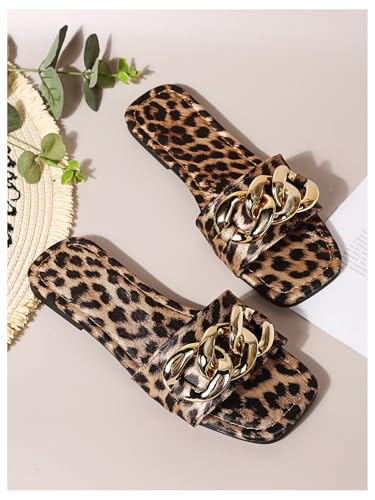 GORGLITTER Women's Leopard Cheetah Flat Sandals Y2k Square Open Toe Single Band Slide Sandals4