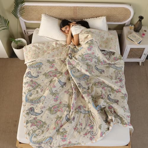 Image of Dohar Double Bed 100% Cotton Blankets for Summer | 90x100inch, 150GSM Ac Comforter and Cooling Blankets for Summer | Cream Color Curry | Classic Printed Design | Quilt | Ideal for Gifting