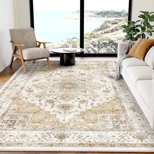 AMADA HOMEFURNISHING 5x7 Area Rugs, Washable Living Room Rug Low-Profile with Non-Slip Backing & Durable Edge Binding, Vintage 5x7 Rugs for Living Room, Bedroom, Dinning Room