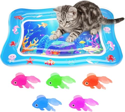 Aoioploa Cat Water Mat - Interactive Cat Toys Upgraded Thickened 0.7mm PVC Cooling & Heating Water Bed with Floating Fish Anti-Scratch Leak Proof Foldable Water Sensor Play Mat for Cats