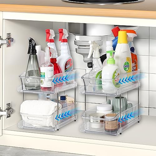 2 Pack Clear Under Sink Storage, 2 Tier Pull Out Kitchen Storage, Undersink Storage Organiser Kitchen, Convenient and Durable Cupboard and Bathroom Organiser for Snack Spice Jar Medicine and Cosmetics