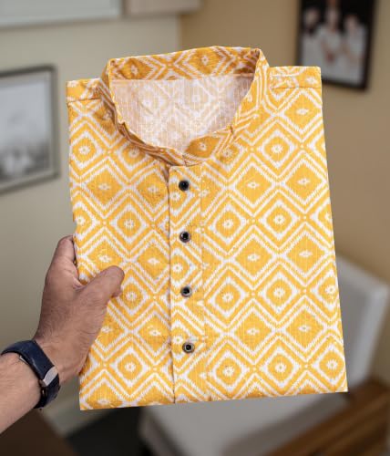 Image of FOXDX Men's Cotton Kurta, Ethnic Printed Kurta for Perfect Ethnic Look, Stand Collar Long Sleeve Casual Printed Regular Long Kurta
